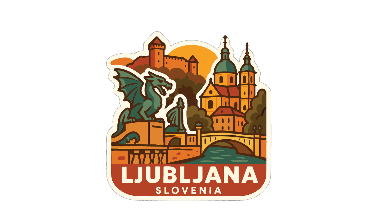 The image is a sticker depicting the city of Ljubljana, Slovenia. It features a castle, a dragon, and a bridge, all set against a colorful background.