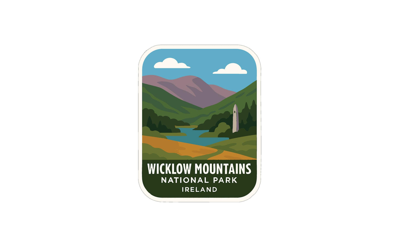 A sticker depicting a scenic landscape with mountains, a river, and a lighthouse, representing the Wicklow Mountains National Park in Ireland.