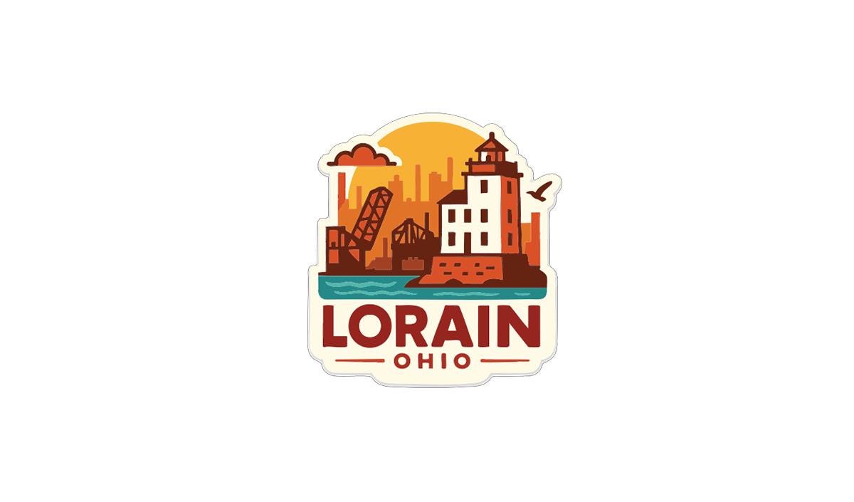 A sticker or logo depicting a cityscape with a lighthouse, buildings, and a sunset in the background.