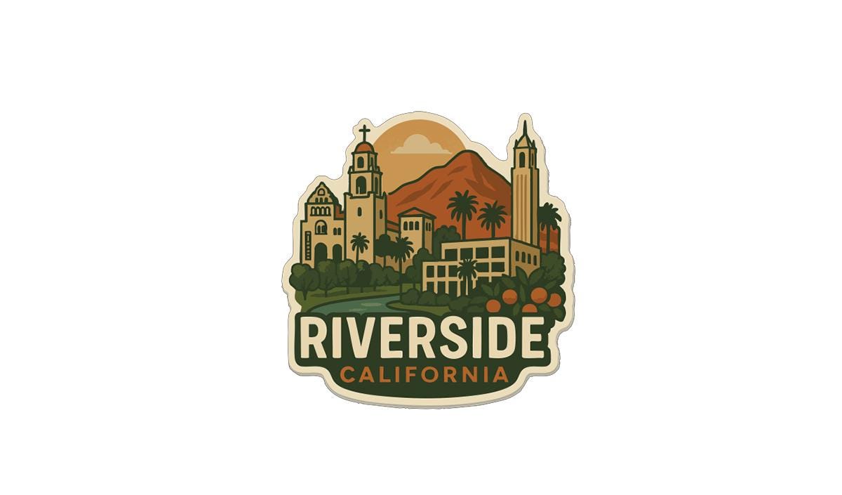 A sticker or emblem featuring the skyline of Riverside, California, with various landmarks and buildings, including a bell tower and a mountain.