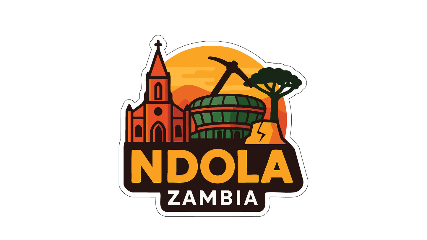 a stylized illustration of a city skyline with a church, a clock tower, and a tree, along with the text "NDOLA ZAMBIA" prominently displayed.