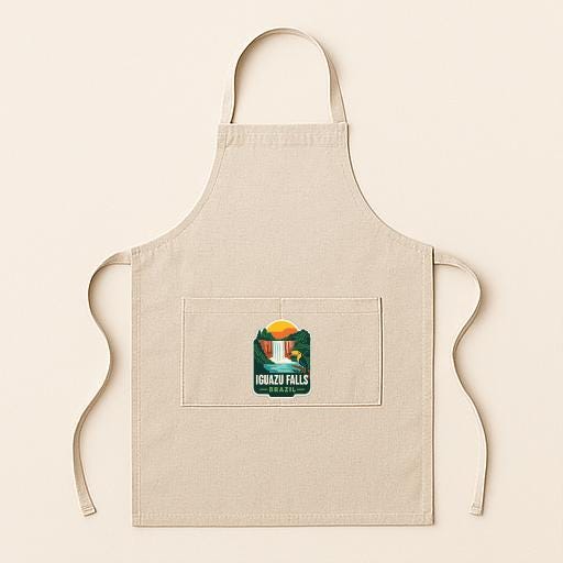 A beige apricot with a graphic of a waterfall and the text "Igazu Falls" printed on it.
