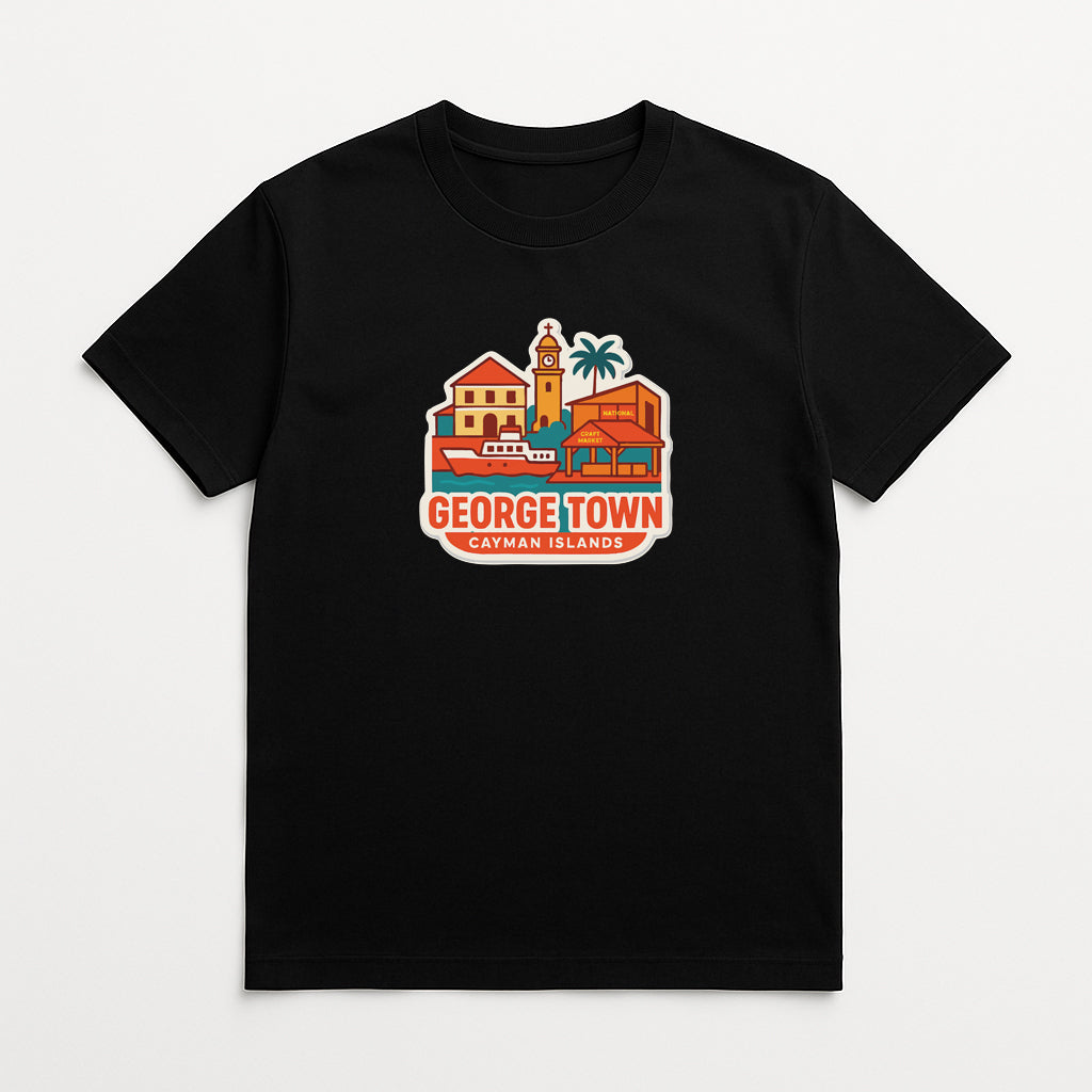 A black t-shirt with a graphic design depicting a tropical island, including a lighthouse, palm trees, and buildings.