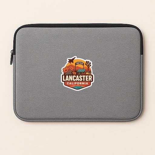 A gray laptop sleeve with a graphic design featuring a desert landscape and the text "Lancaster, California".
