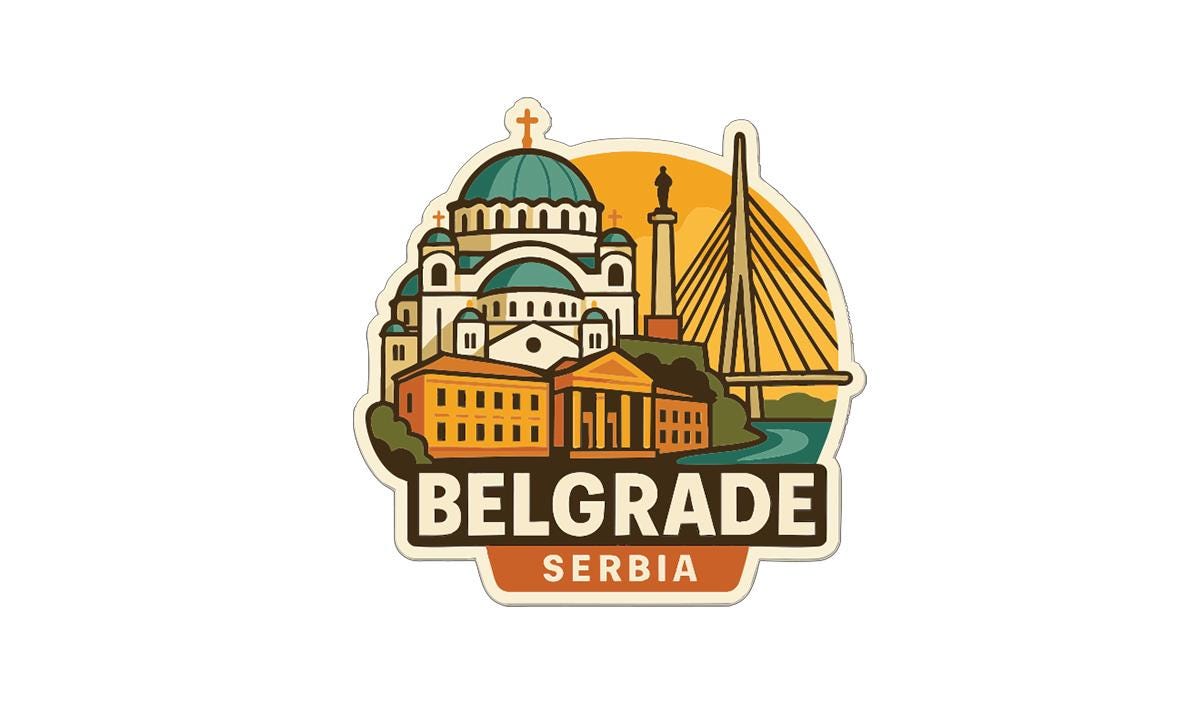 A sticker or emblem featuring the Belgrade skyline, including the Belgrade Cathedral, the Belgrade Bridge, and the Belgrade Cathedral, along with the text "Belgrade, Serbia".