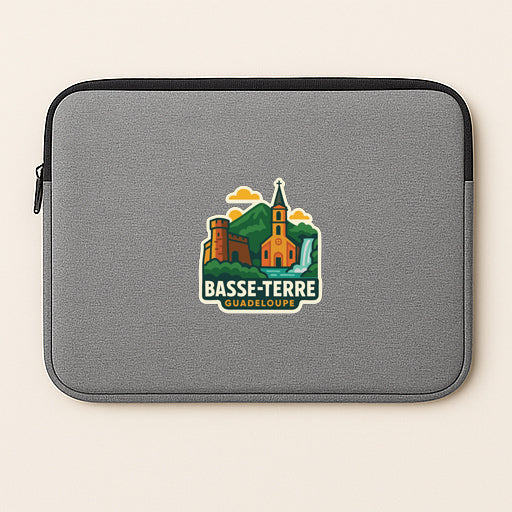 a gray laptop sleeve with a logo of Basse-Terre, a town in the Guadeloupe region of French Guiana.
