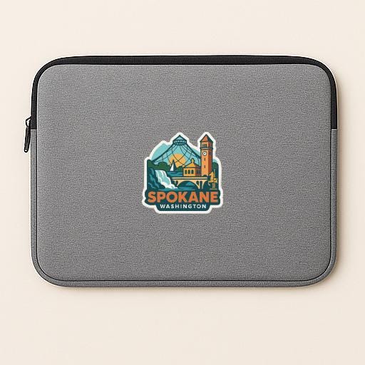 A gray laptop sleeve with a sticker of the Spokane, Washington skyline.