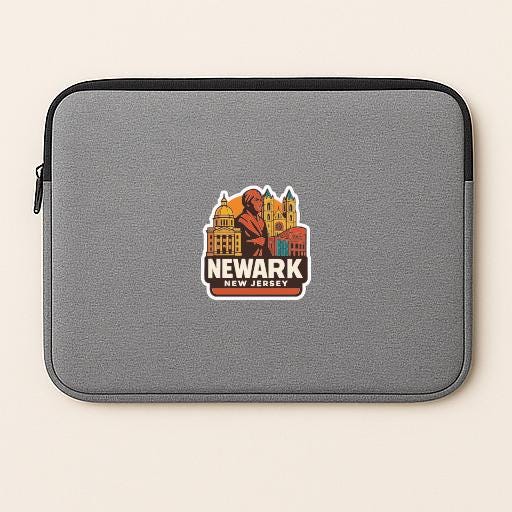 A gray laptop sleeve with a Newark, New Jersey cityscape sticker on it.
