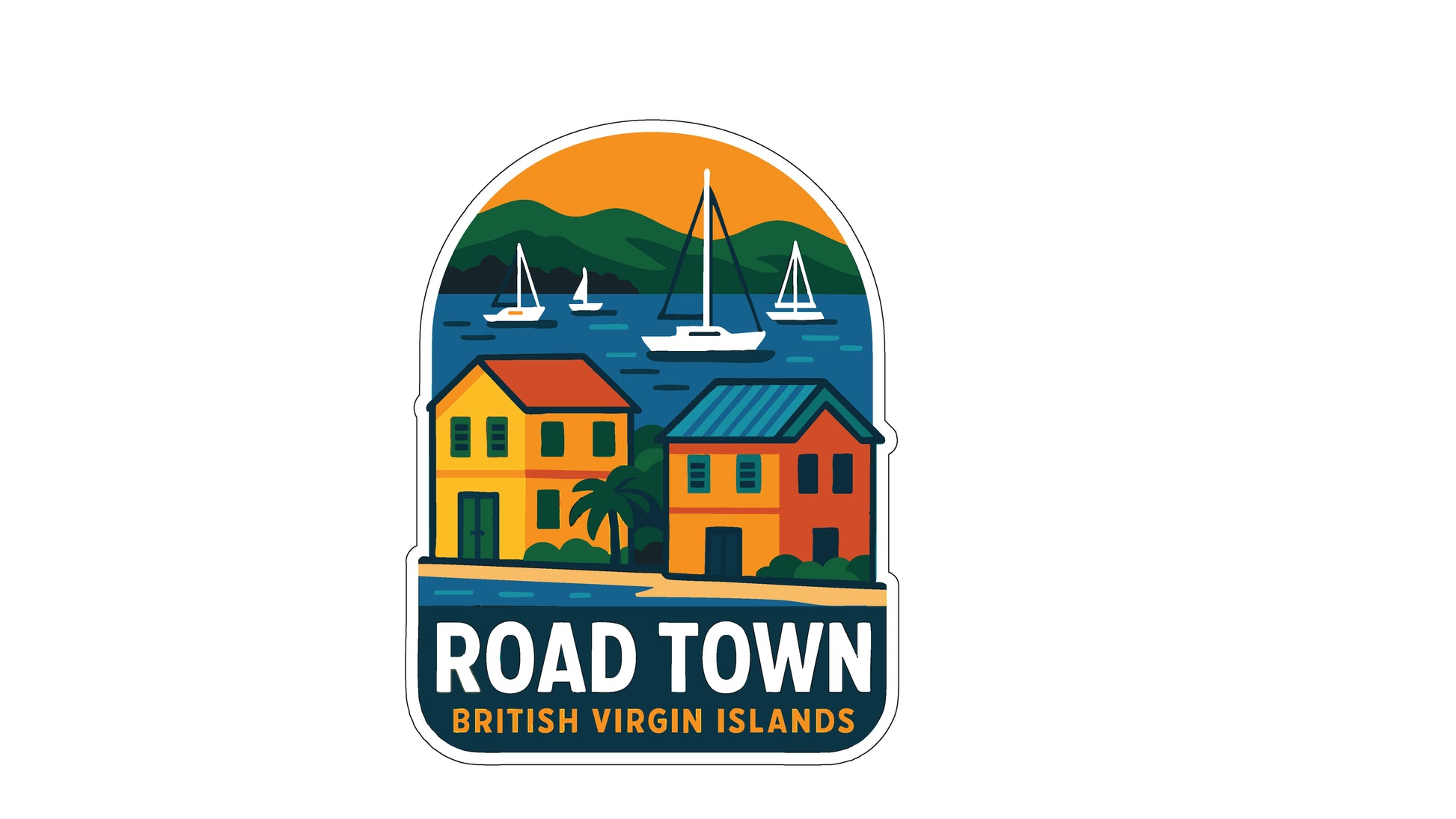 a colorful illustration of a coastal town with boats, houses, and palm trees, along with the text "ROAD TOWN BRITISH VIRGIN ISLANDS".