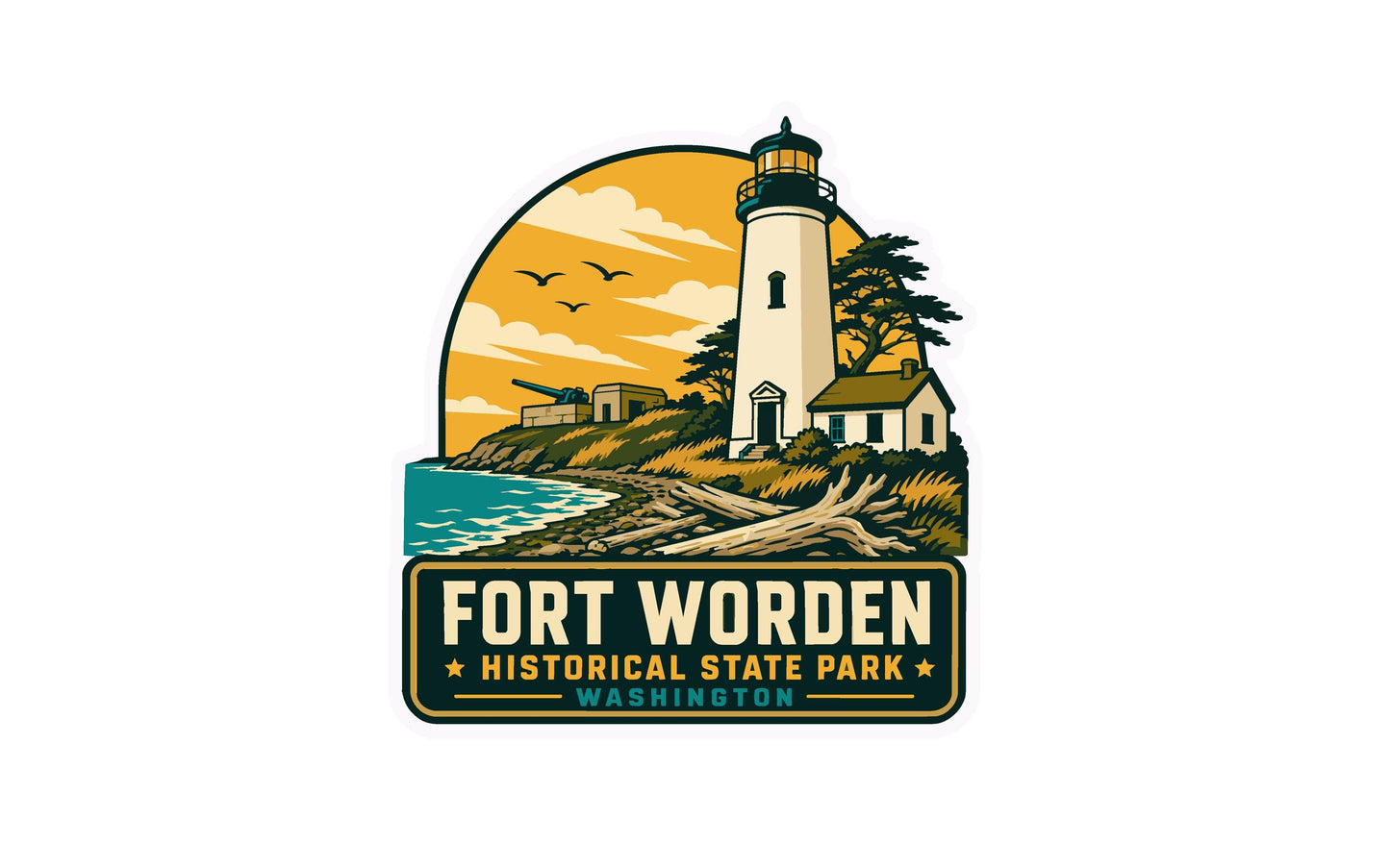 a lighthouse and a coastal landscape, with the text "FORT WORDEN HISTORICAL STATE PARK WASHINGTON" prominently displayed.