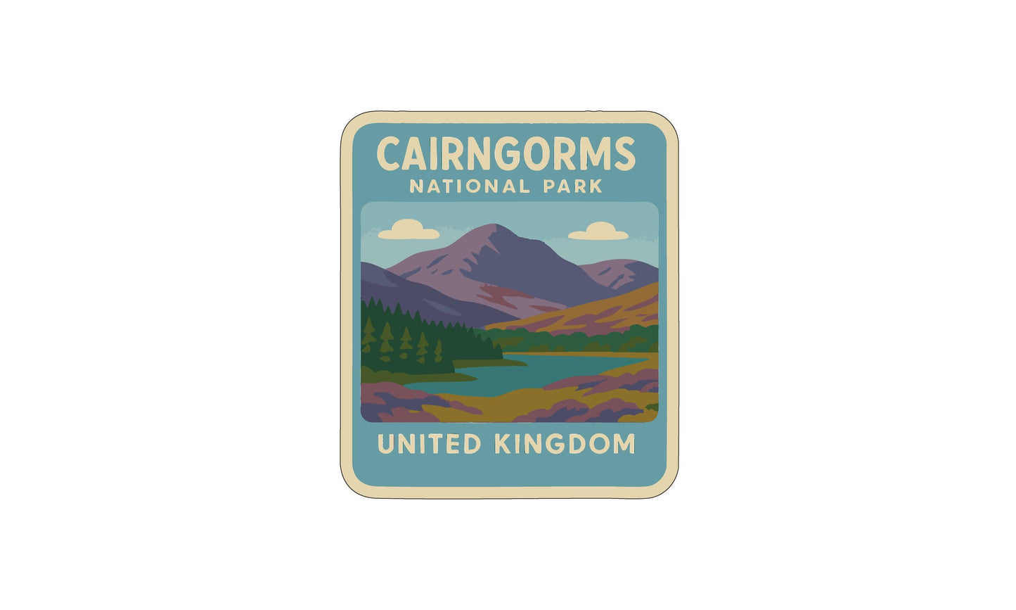 a vintage-style sticker or label with a mountain landscape and a lake, representing Cairngorm National Park in the United Kingdom.