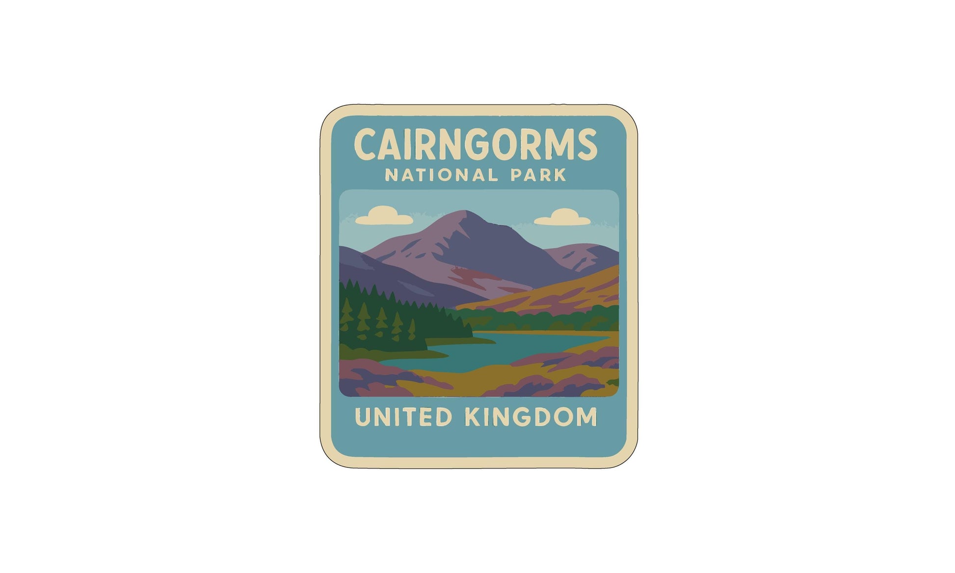 a vintage-style sticker or label with a mountain landscape and a lake, representing Cairngorm National Park in the United Kingdom.
