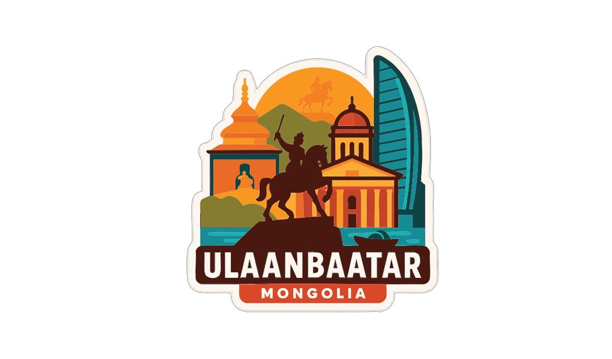 a sticker or logo for the city of Ulaanbaatar, Mongolia. The sticker includes a silhouette of a man on a horse, along with various landmarks and buildings, such as a tall tower and a dome. The text "ULAANBAATAR MONGOLIA" is prominently displayed, indicating the name of the city.