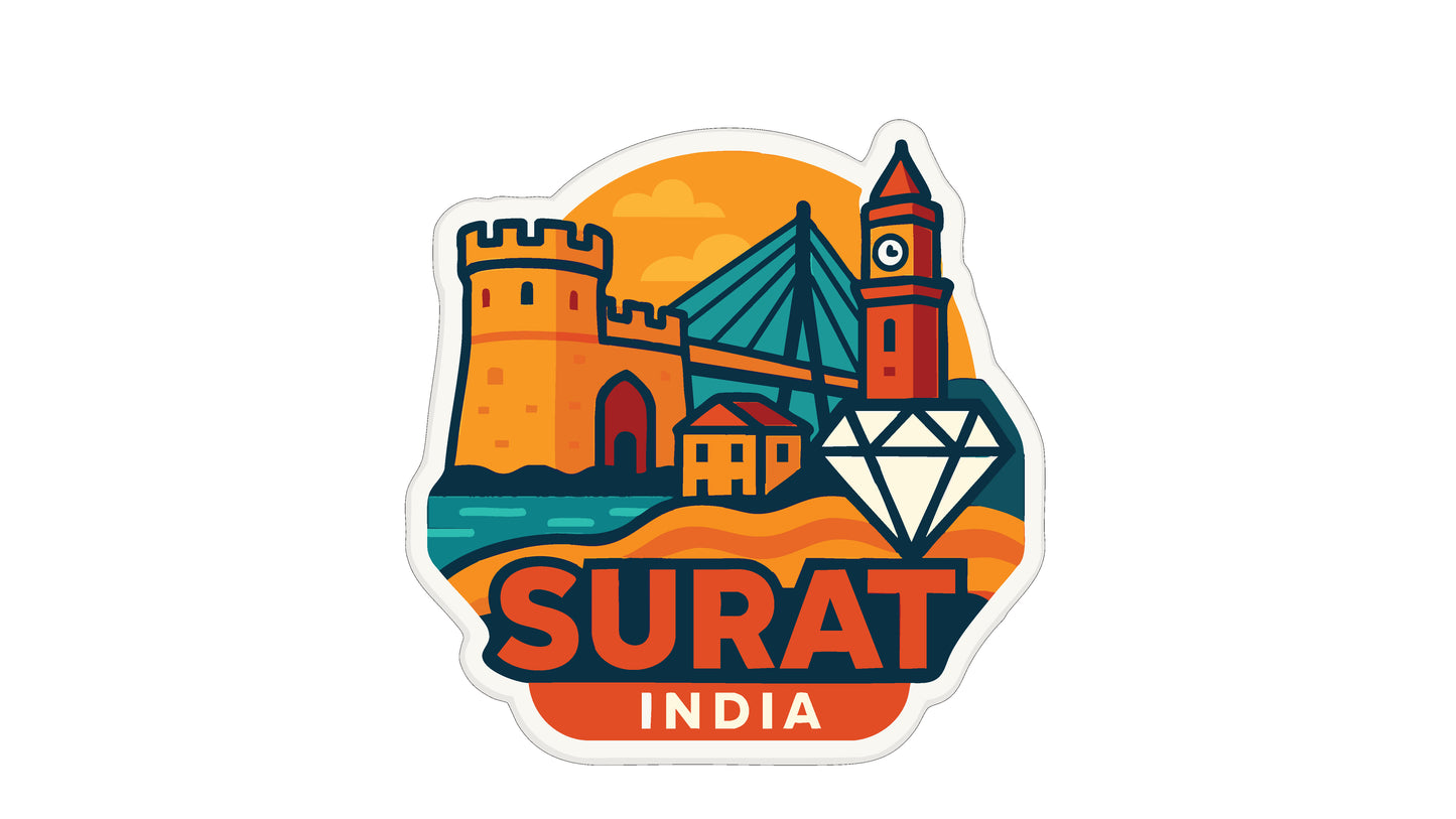 a sticker or emblem with a castle, a bridge, and a diamond, along with the text "SURAT INDIA" prominently displayed.