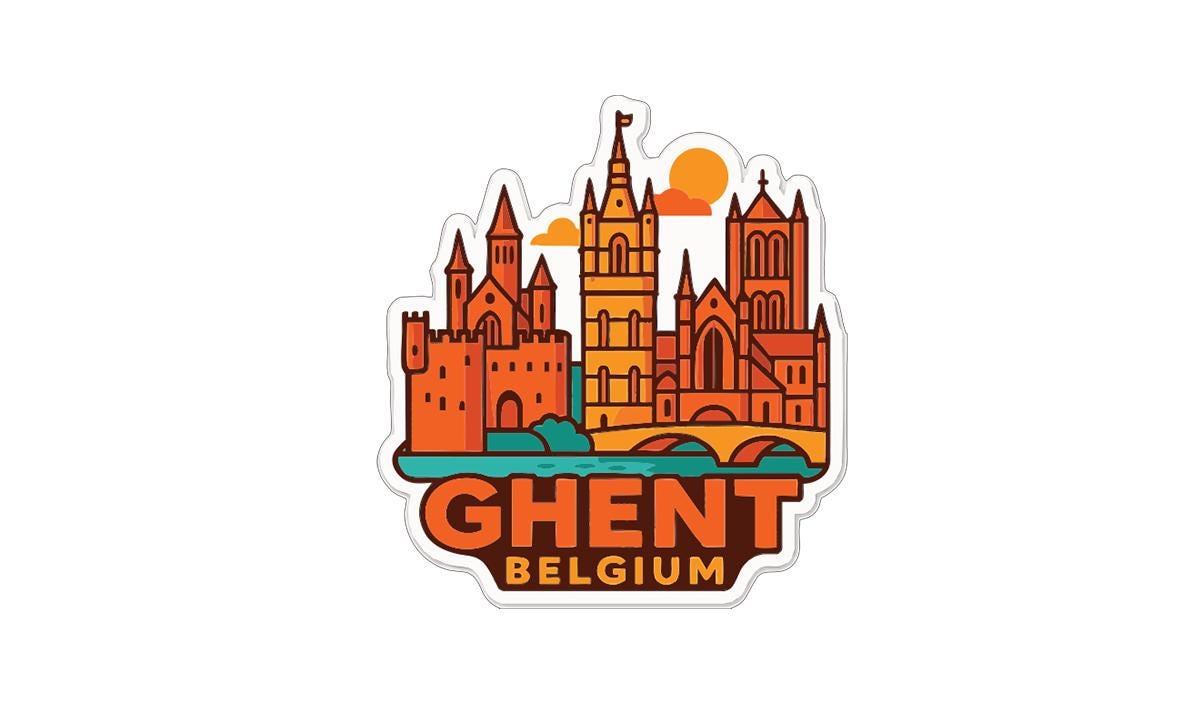 a sticker or illustration of the city of Ghent, Belgium, with various landmarks and buildings depicted in a stylized manner.