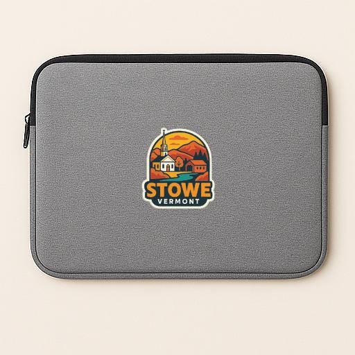 A gray laptop sleeve with a Stowe Vermont logo printed on it.