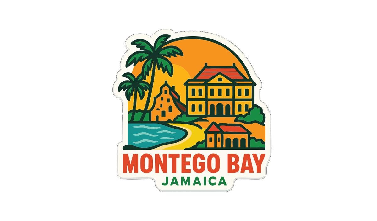 A sticker or logo depicting a tropical scene with palm trees, a building, and a body of water, with the text "MONTEGO BAY JAMAICA" below it.