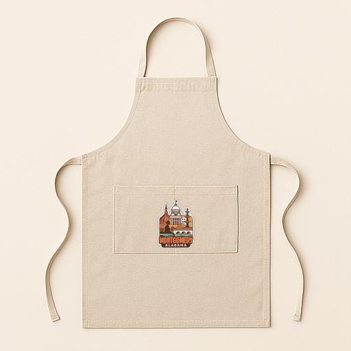 A beige apricot with a small pocket on the front, featuring an illustration of a building.