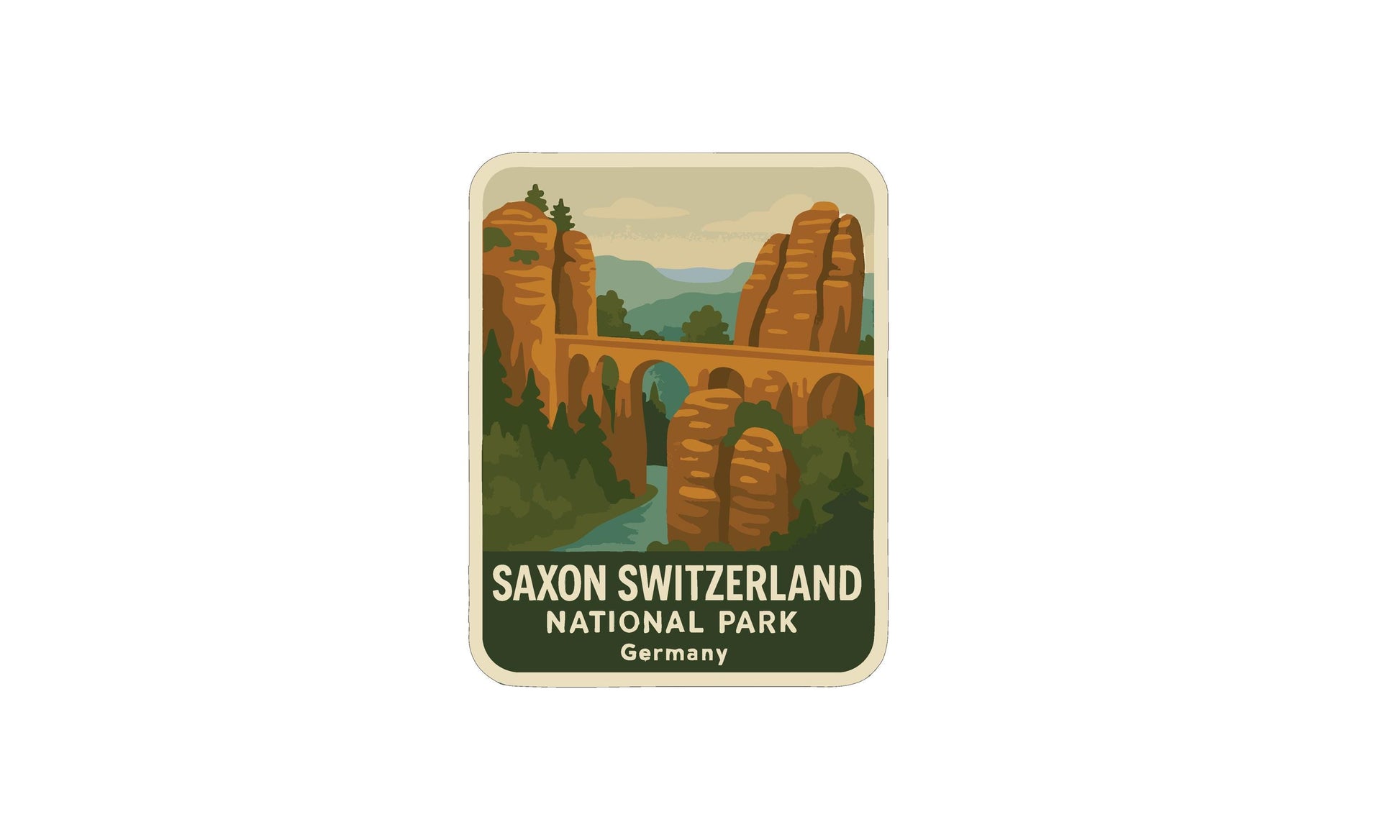 The image is a sticker or label for Saxon Switzerland National Park in Germany, featuring a scenic illustration of a mountain landscape with a bridge and trees.