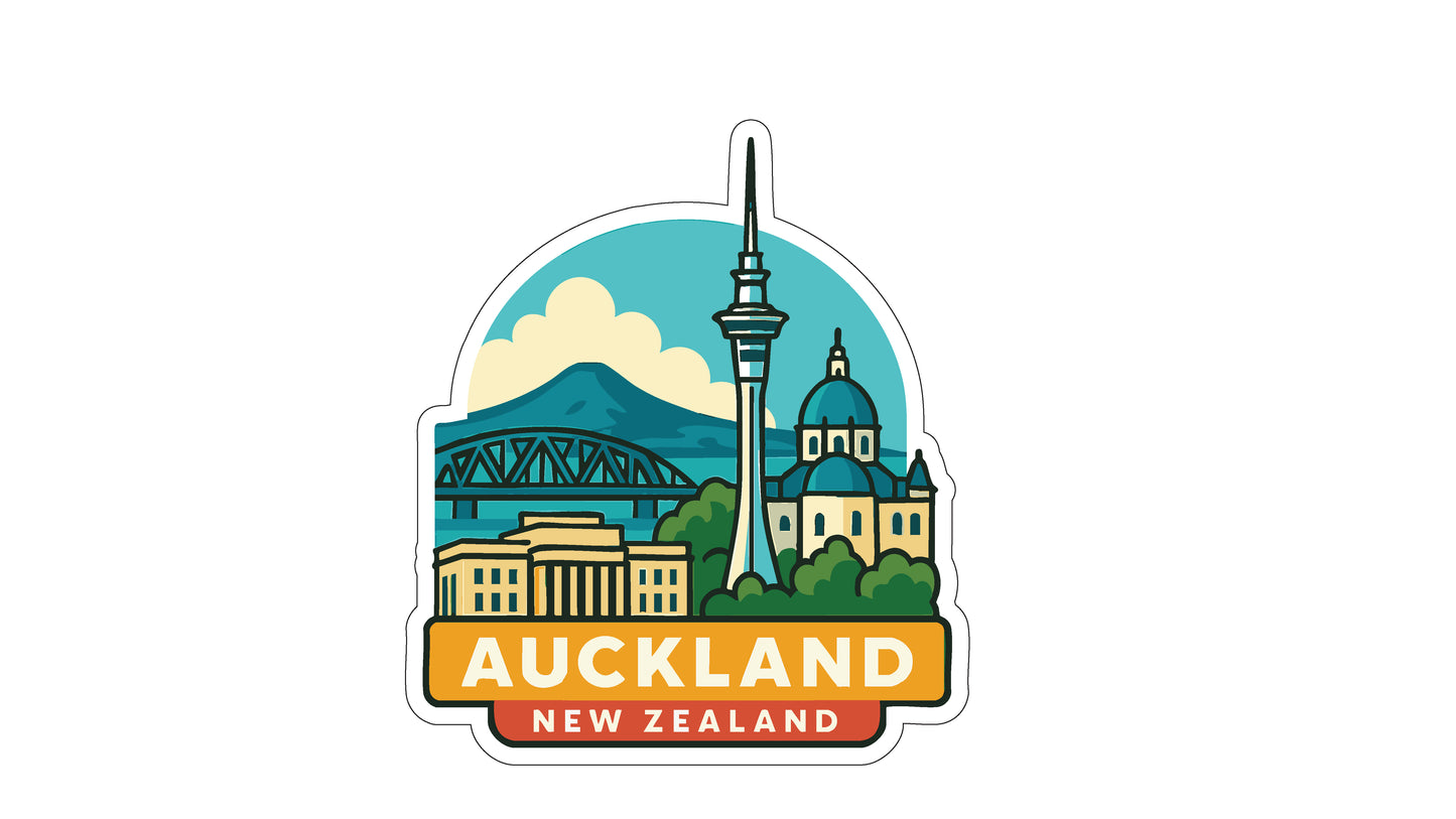 a sticker or emblem depicting the city of Auckland, New Zealand.