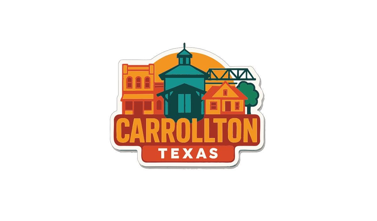 A colorful sticker or emblem featuring the text "CARROLLTON TEXAS" along with various stylized illustrations of buildings and structures.
