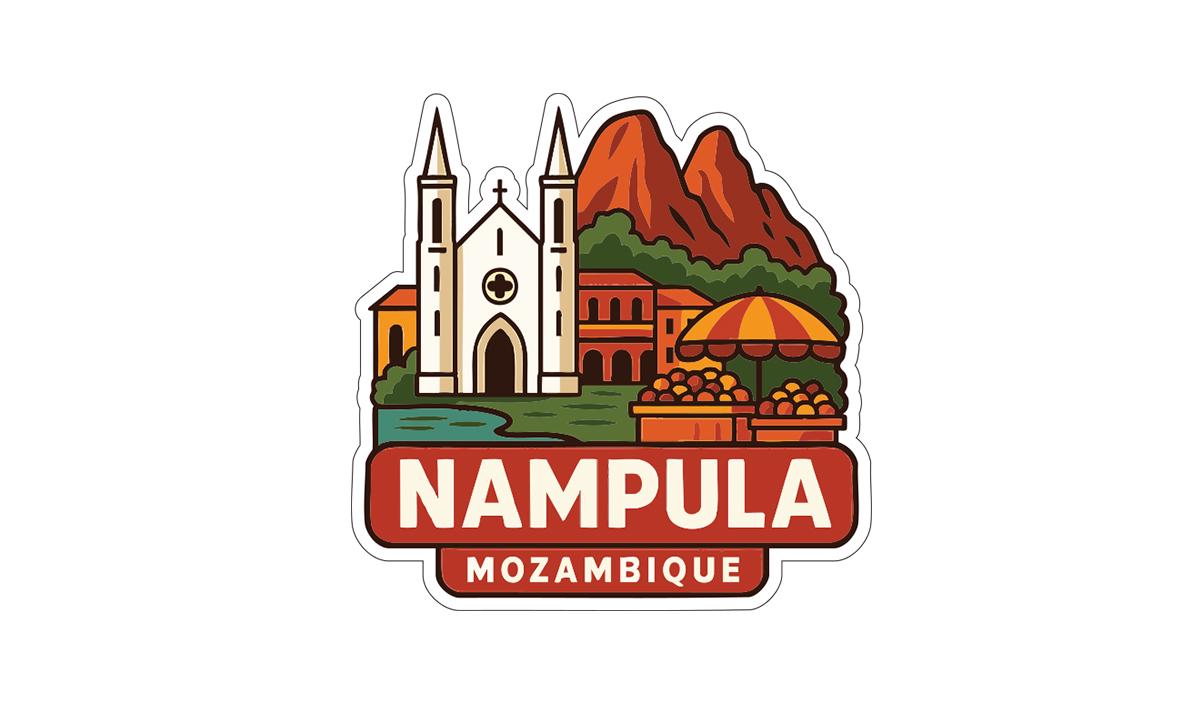 a stylized illustration of Namibia, with a church, mountains, and a market scene.