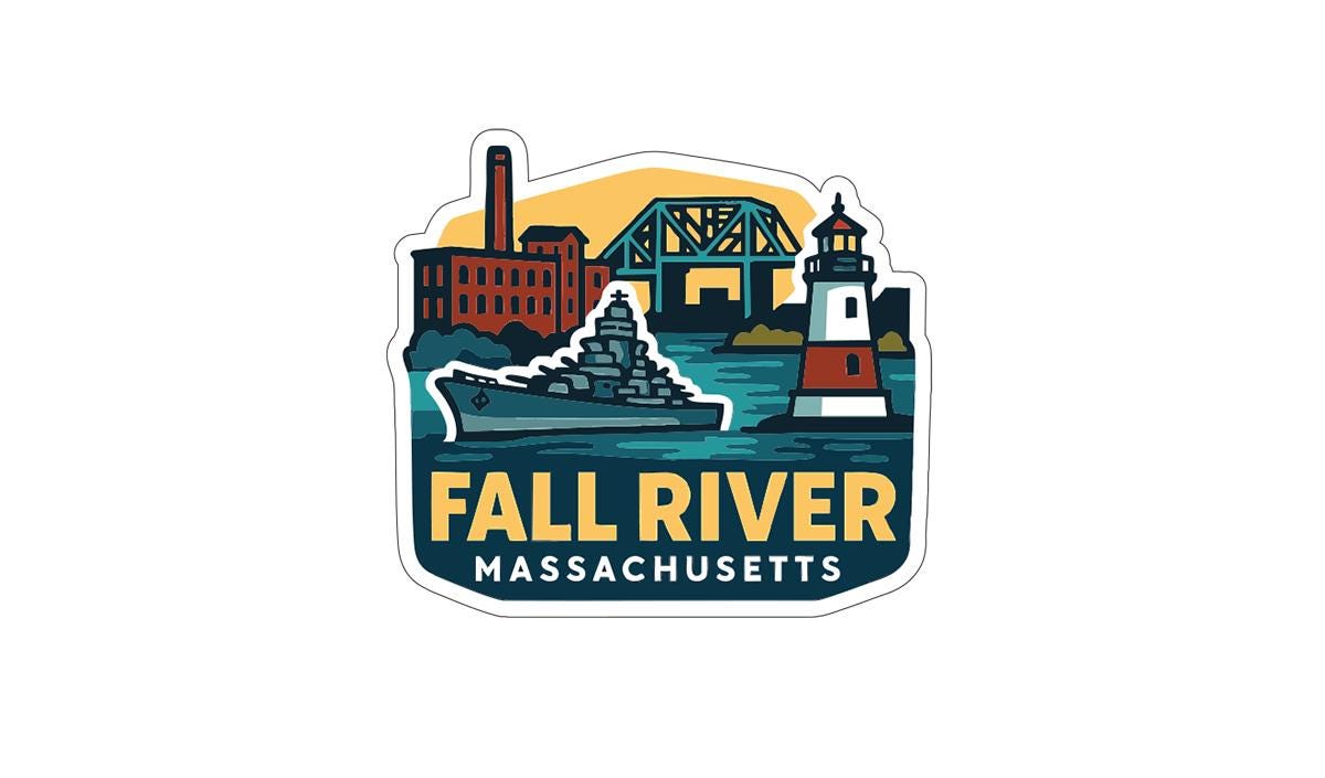 a sticker or logo depicting the Fall River, Massachusetts, with various landmarks and elements such as a lighthouse, a ship, and a bridge.