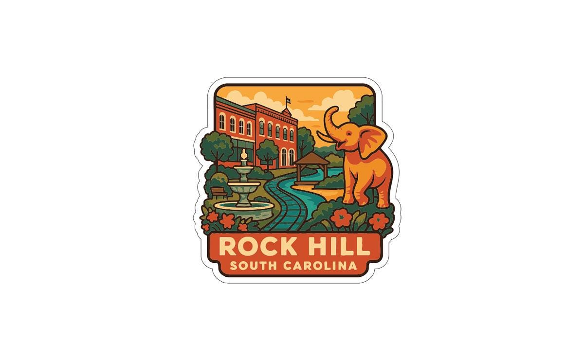an illustration of a building, a fountain, and an elephant, with the text "ROCK HILL SOUTH CAROLINA" prominently displayed.
