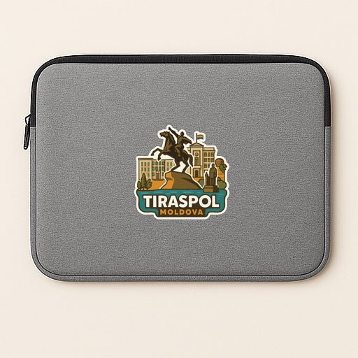 A gray laptop sleeve with a logo for Tiraspol, a city in Moldova.