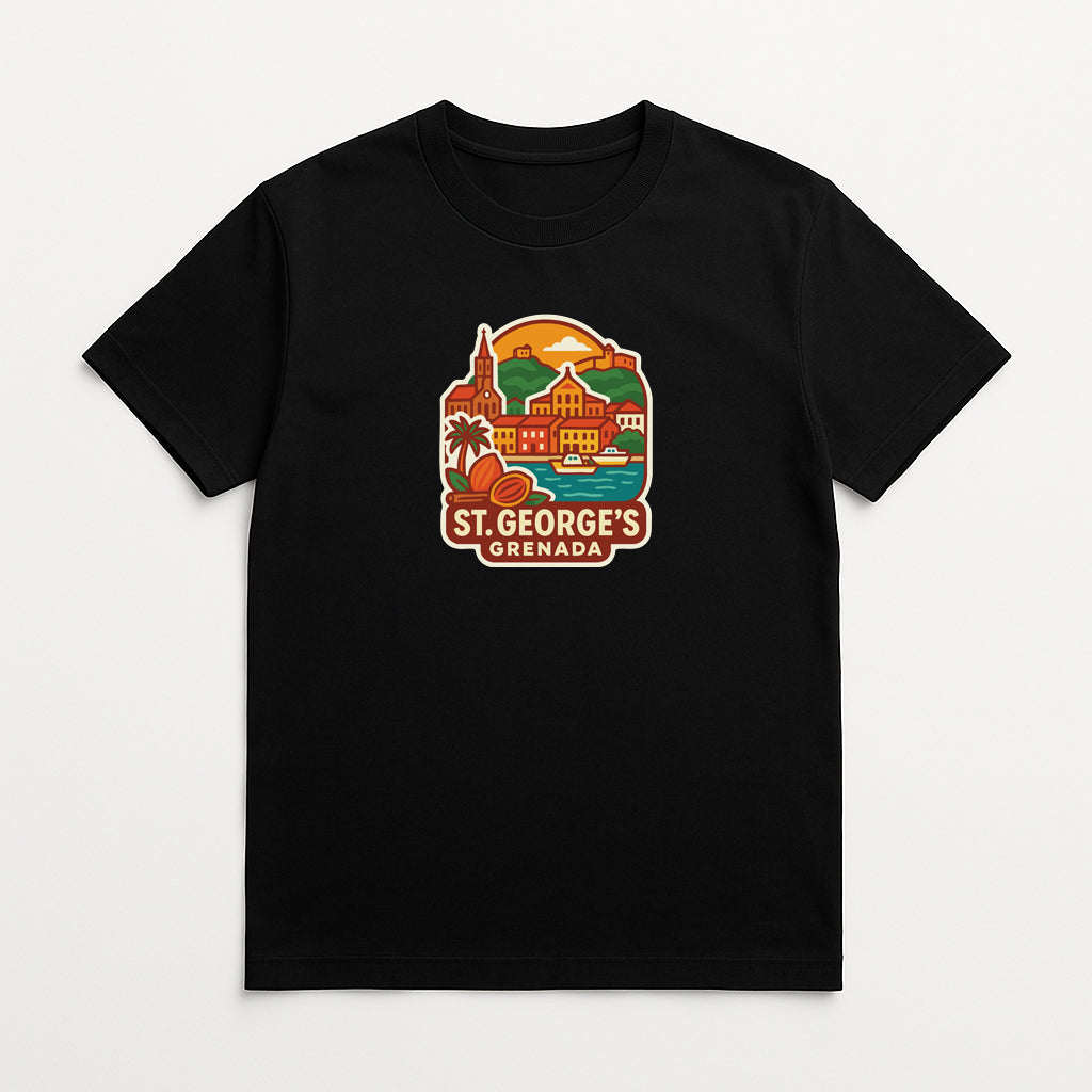 A black t-shirt with a graphic design depicting St. George's Grenada, a country in the Caribbean.