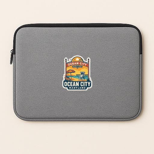 A gray laptop sleeve with a sticker that says "OCEAN CITY, MARYLAND" printed on it.