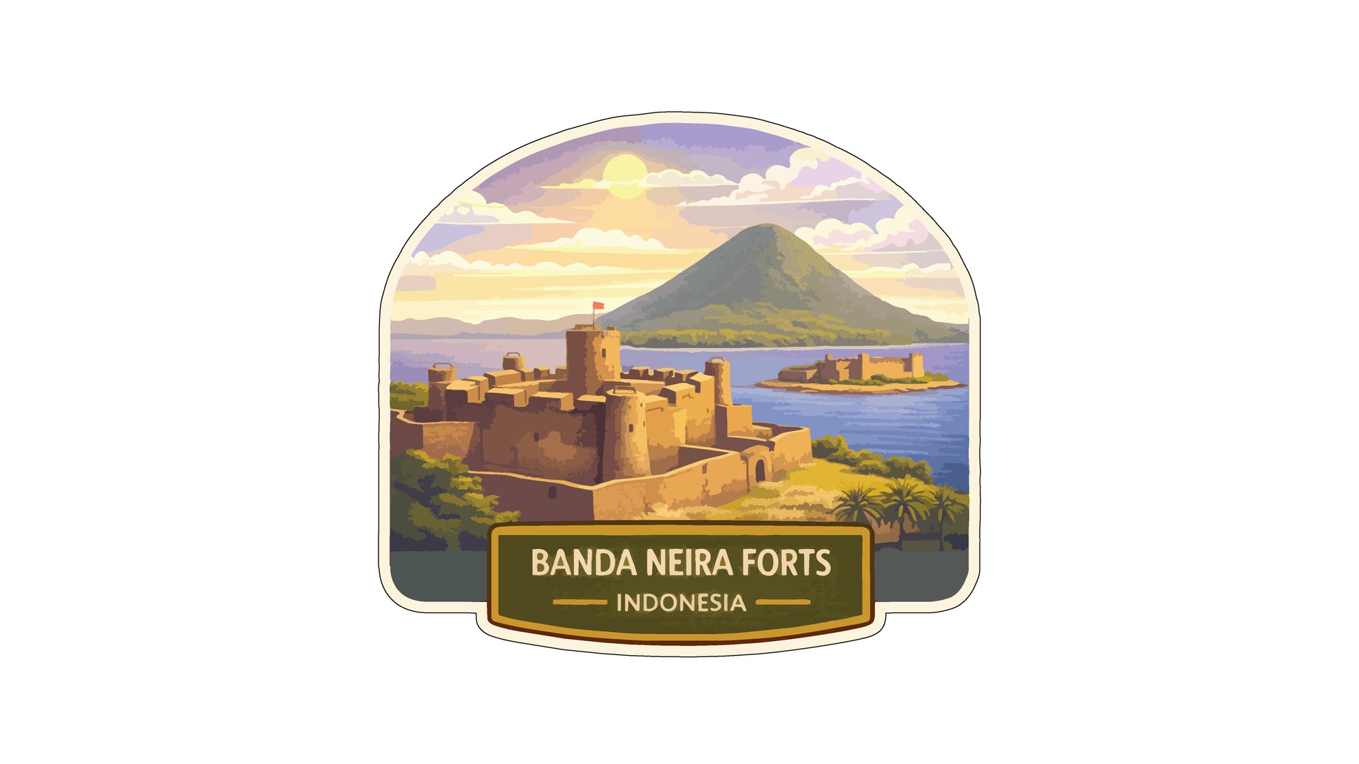 a castle on a hill overlooking a body of water, with a mountain in the background. The castle appears to be a fort, and the surrounding landscape includes trees and a body of water. The image is labeled "BANDA NEIRA FORTS INDONESIA".