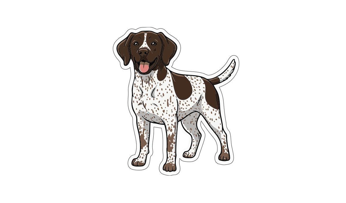 A cartoon illustration of a brown and white spotted dog with a friendly expression.