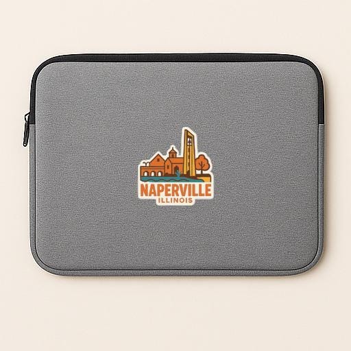 A gray laptop sleeve with a logo of Naperville, Illinois.