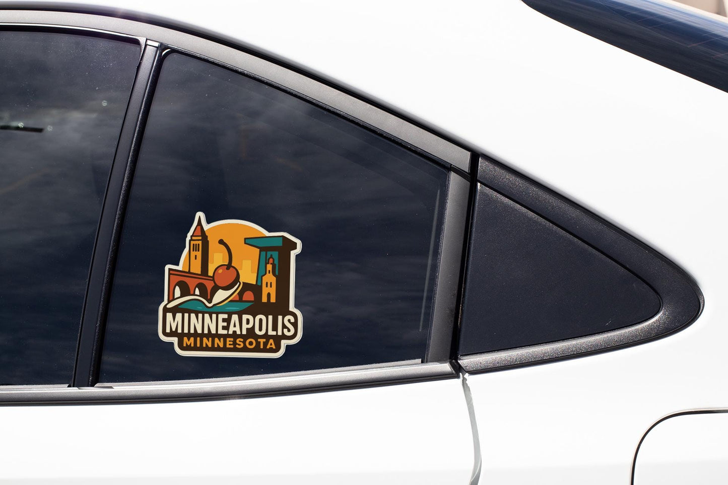 A sticker on the side of a car window that says "MINNEAPOLIS MINNESOTA".
