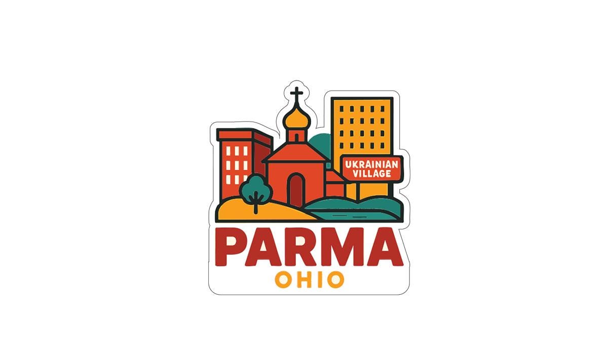 a sticker or logo depicting a cityscape with a church, buildings, and a sign that reads " Ukrainian Village" in a stylized and colorful design.