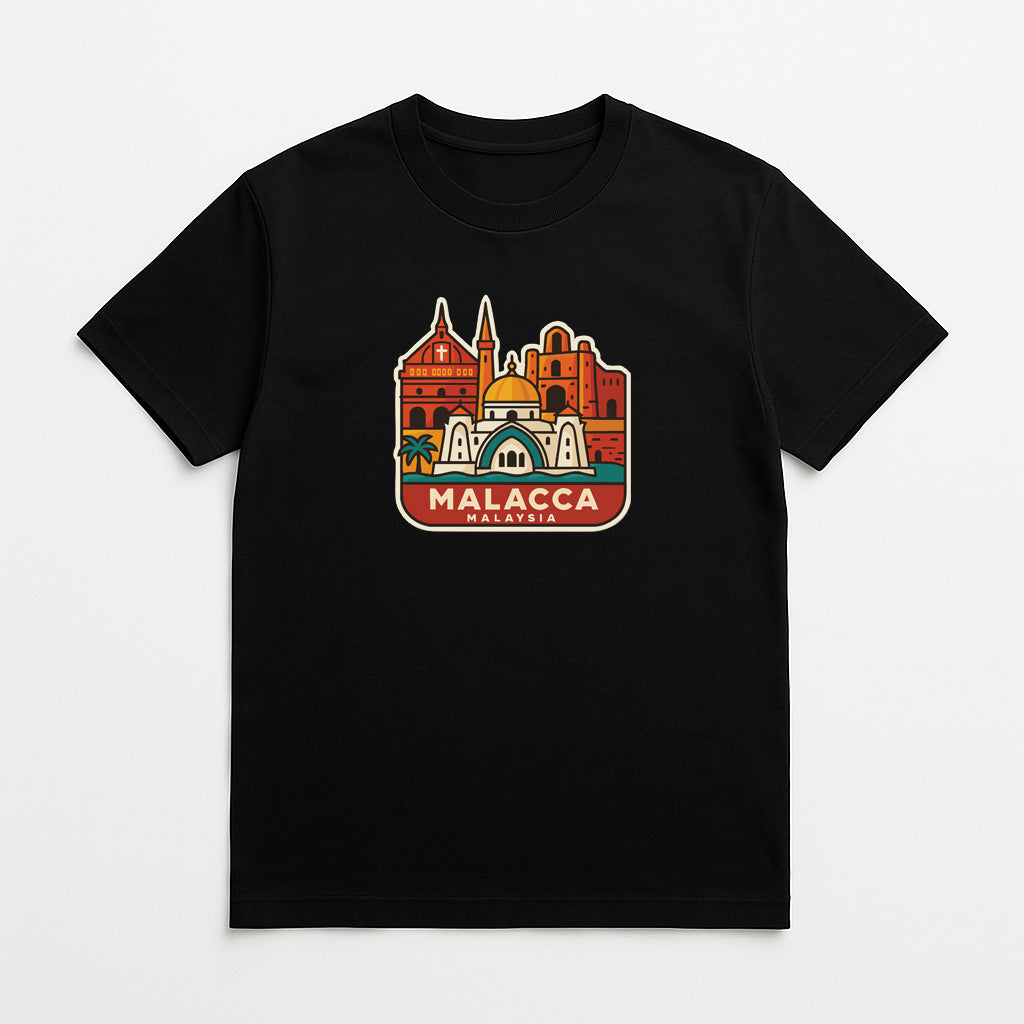 A black t-shirt with a colorful graphic design depicting a city skyline, featuring various buildings and landmarks.