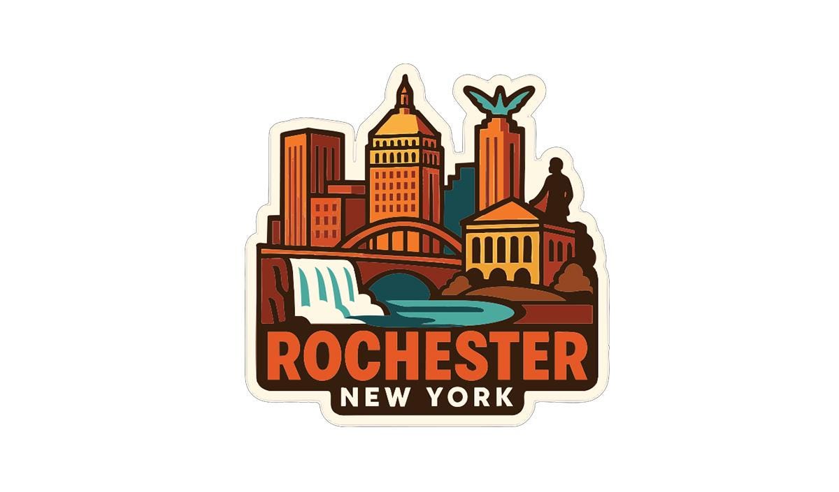 A sticker depicting the skyline of Rochester, New York, with various landmarks and buildings, including a bridge and a statue.