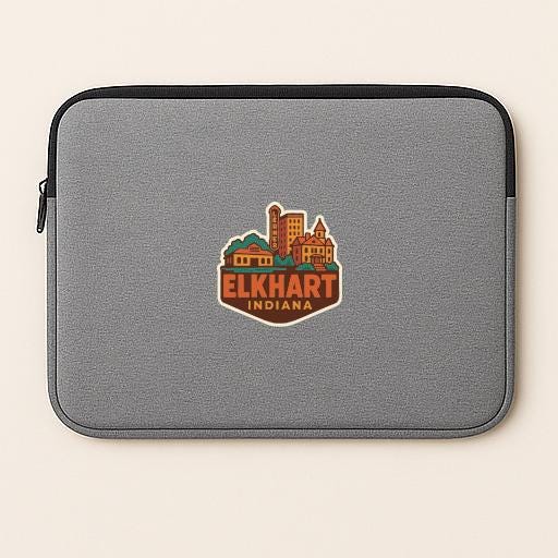 A gray laptop sleeve with a logo of Elkhart, Indiana.