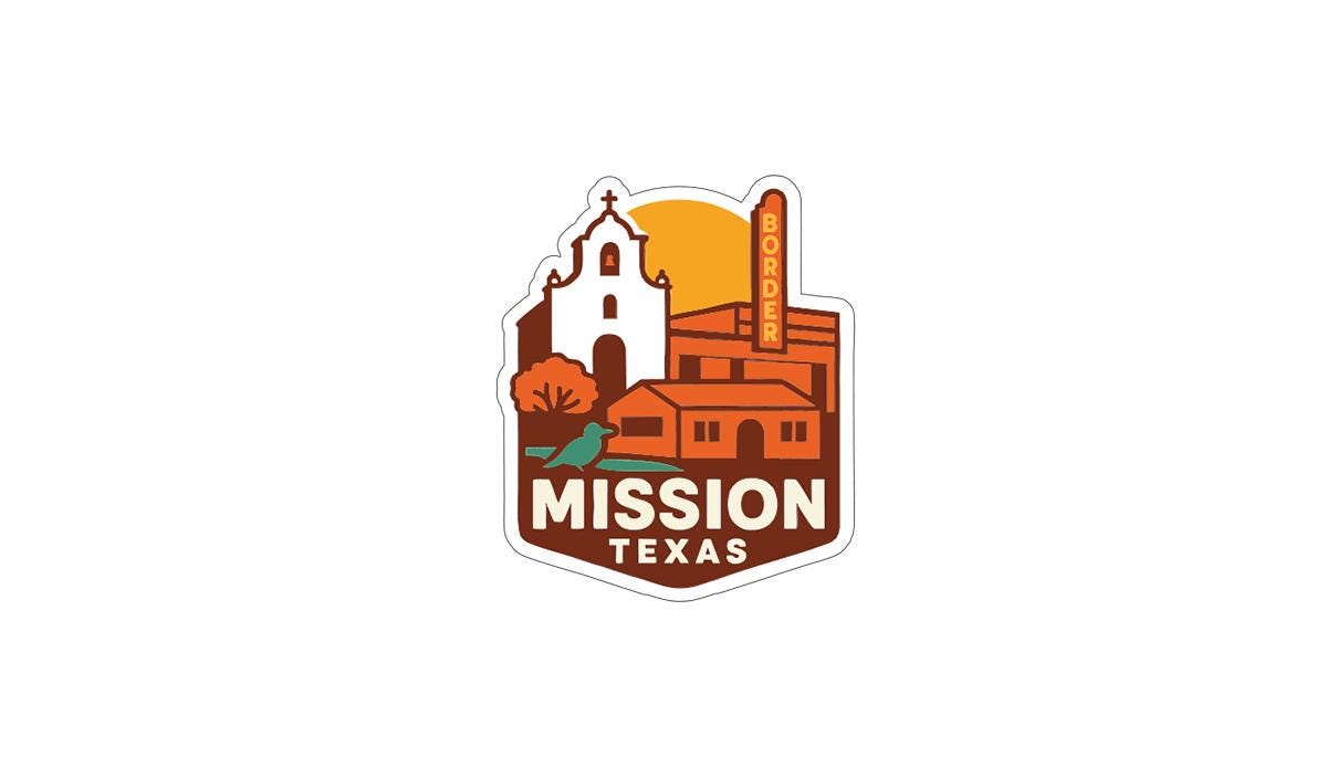 a logo for Mission Texas, which includes a stylized illustration of a church, a border building, and a sunset.