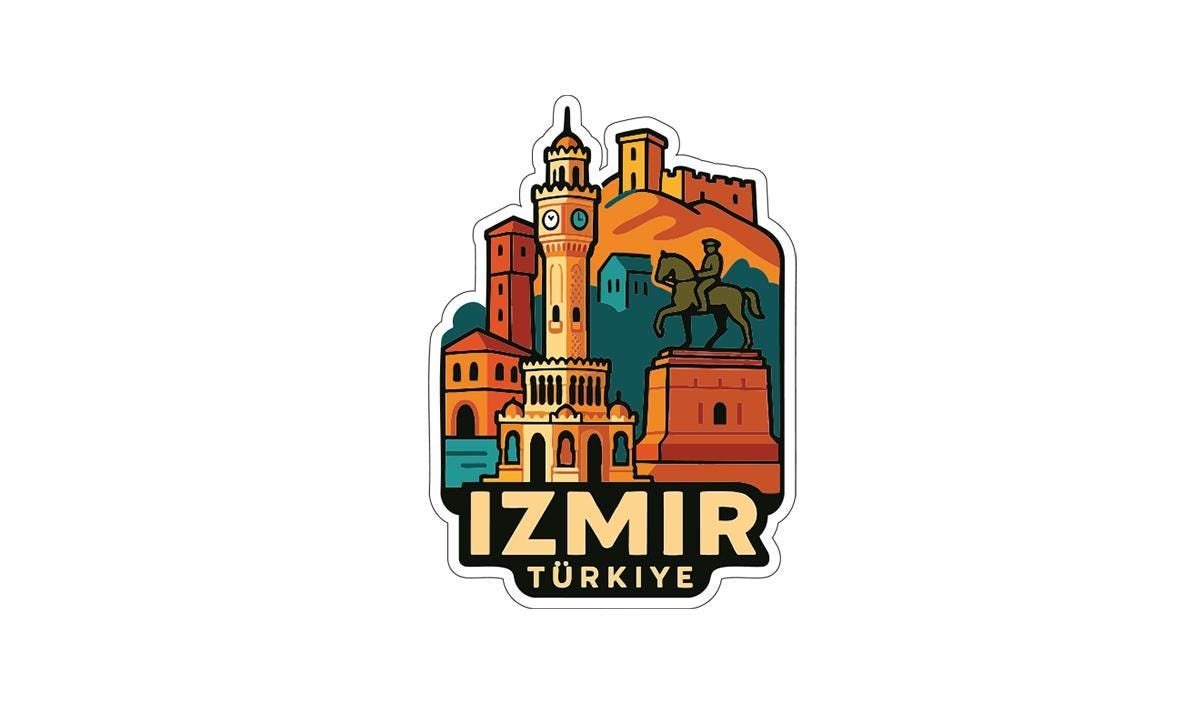 a stylized illustration of Istanbul, Turkey, with various landmarks and architectural elements such as a clock tower, a castle, and a statue.