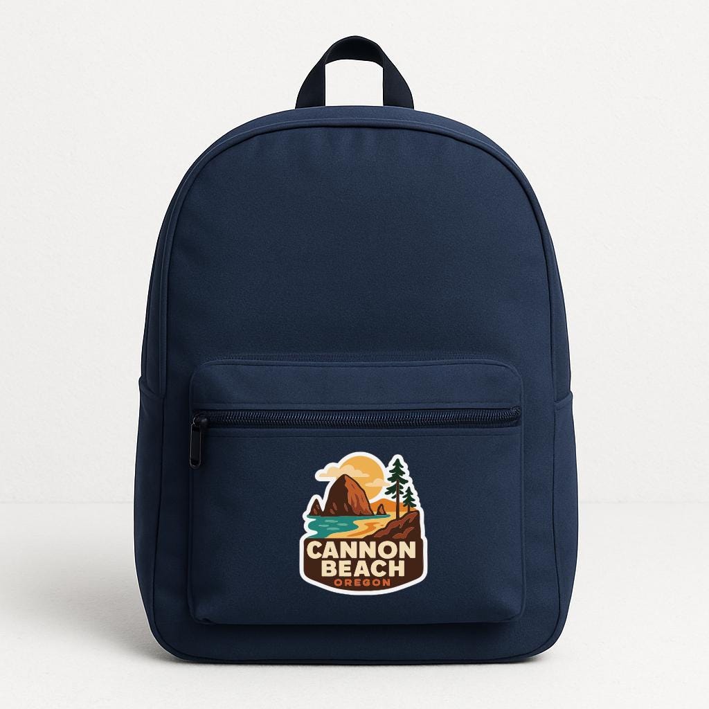 A navy blue backpack with a logo on the front pocket.