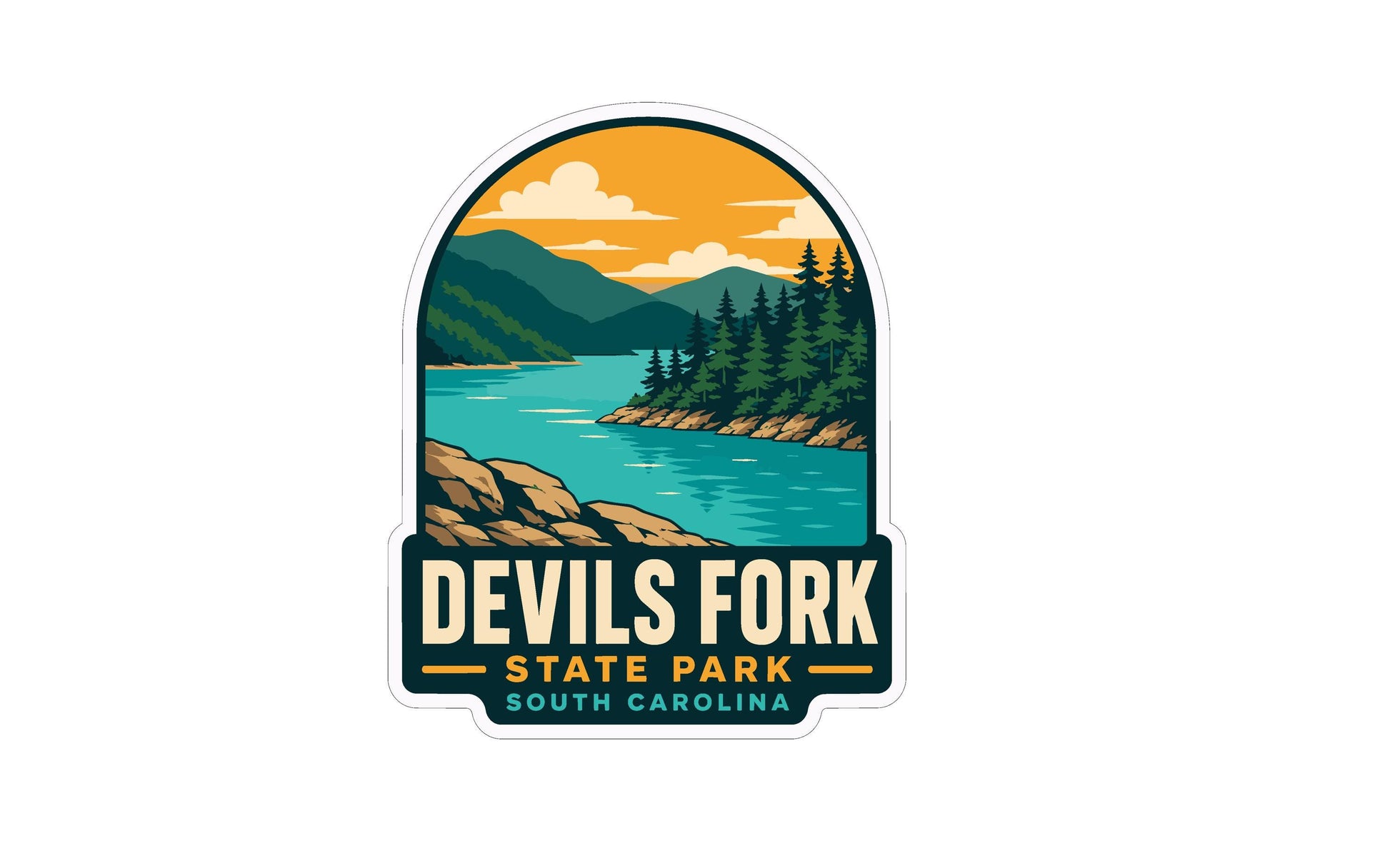 A sticker or emblem featuring a scenic landscape with mountains, a river, and pine trees, along with the text "DEVILS FORK STATE PARK SOUTH CAROLINA".