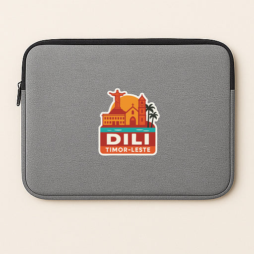 A gray laptop sleeve with a colorful sticker depicting a tropical island and a church.