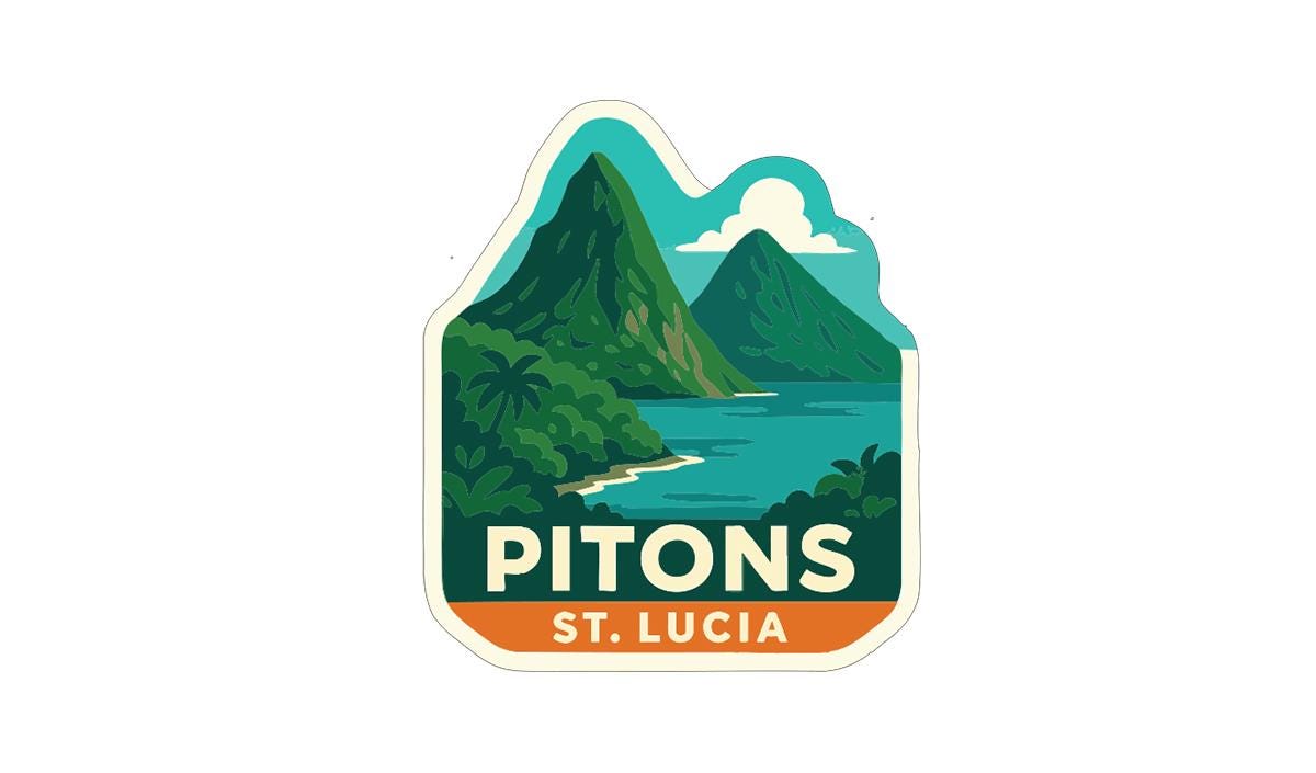 A sticker or emblem featuring a tropical landscape with mountains, a body of water, and palm trees. The text "PITONS ST. LUCIA" is prominently displayed, indicating the location or theme of the image.