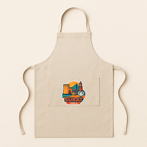 A beige apricot with a graphic design featuring a city skyline and the word "SURAT" printed on it.