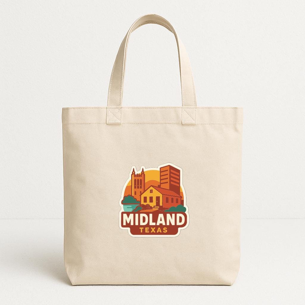 A beige tote bag with a printed logo that says "Midland, Texas" on it.