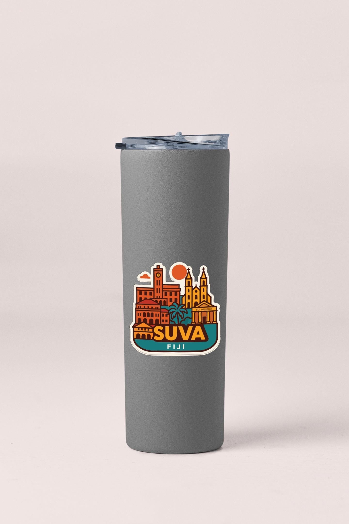 A gray insulated tumbler with a sticker depicting the city of Fiji.