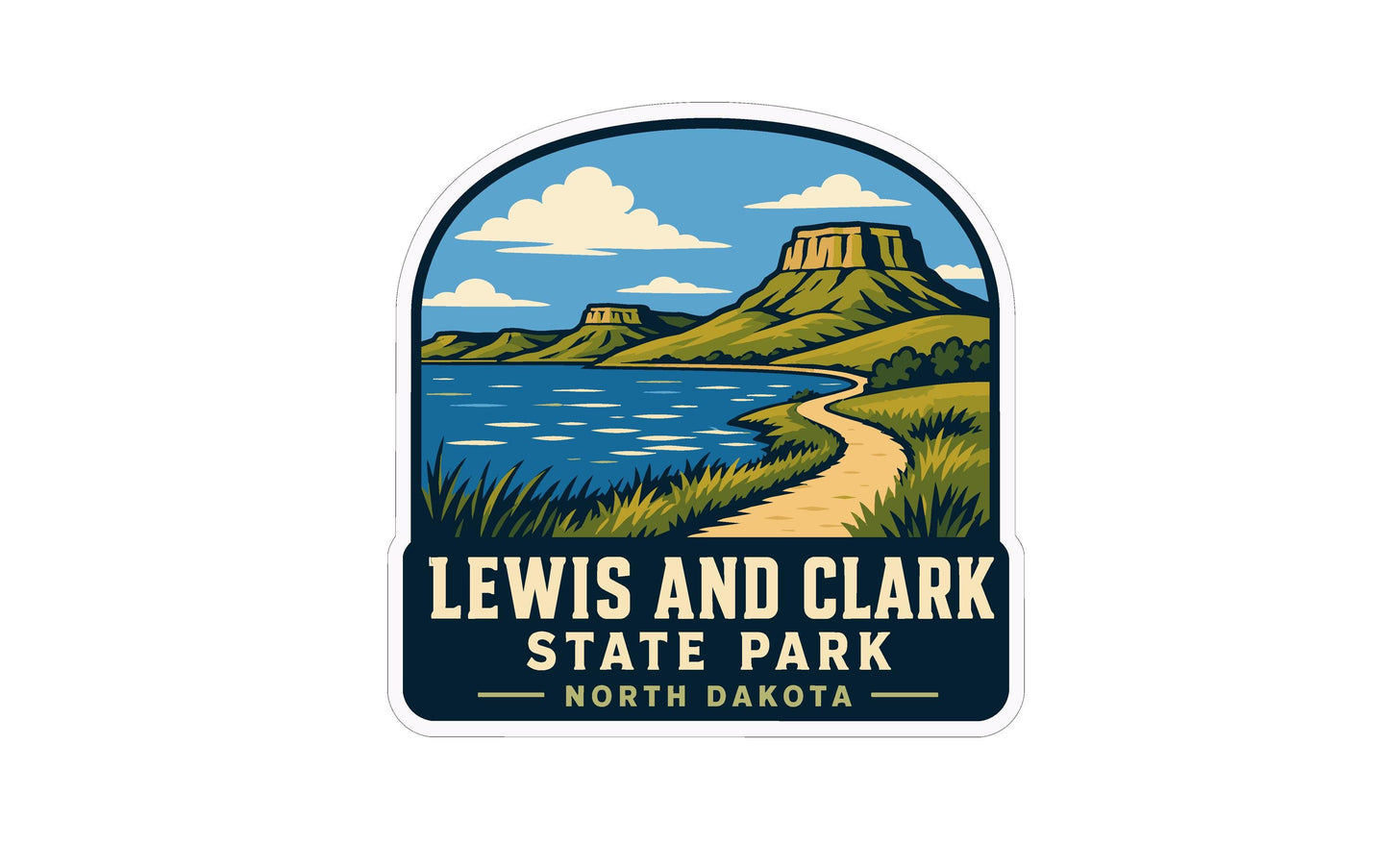 A sticker or logo depicting a scenic landscape with mountains, a lake, and a winding path, with the text "LEWIS AND CLARK STATE PARK NORTH DAKOTA" prominently displayed.