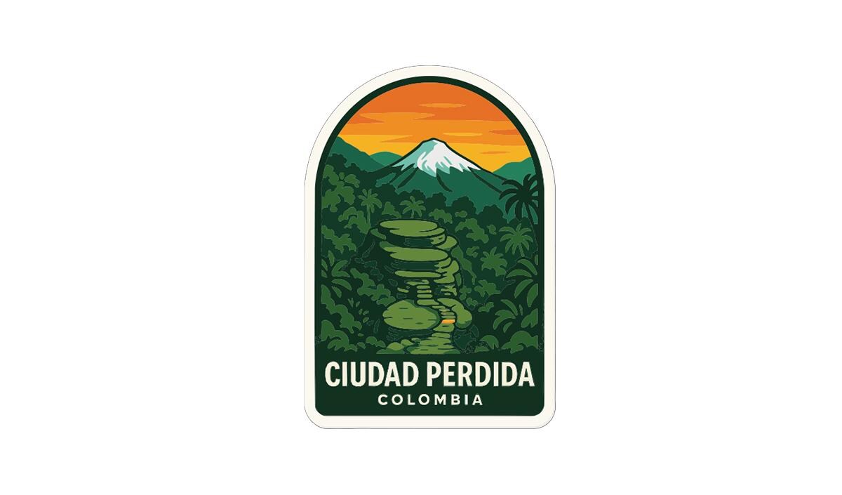 a sticker or emblem with a mountain landscape and a tropical forest scene.